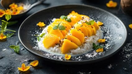 Fresh Mango Dessert On Dark Plate With Garnish