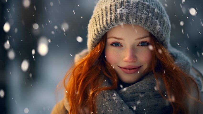 Redhead Girl In Winter Park At Snowfall. Closeup Portrait